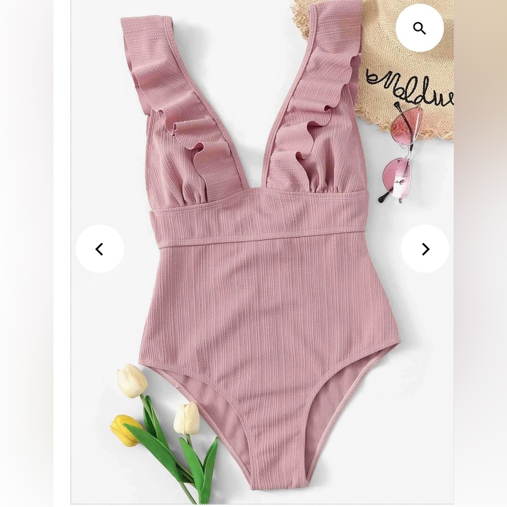 Pink Ruffled with lace up back  One Piece Swimsuit